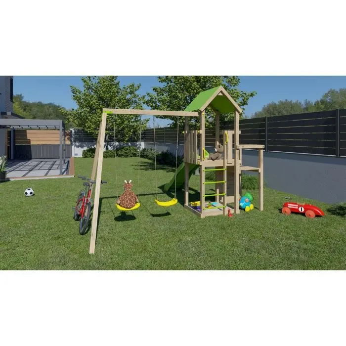 TRIGANO Aire de jeux en bois 2,20 m ULTRA XPERIENCE - Mur d'escalade toboggan et balançoires - 8 enfants